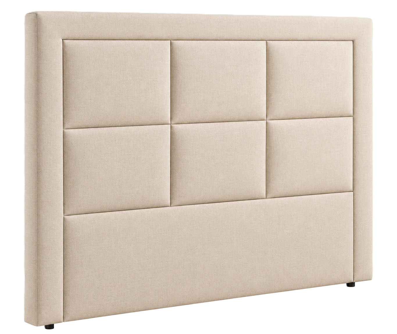 Cabecero tapizado Oslo en beige, visto en perspectiva, con seis paneles acolchados y marco tapizado de acabado elegante.