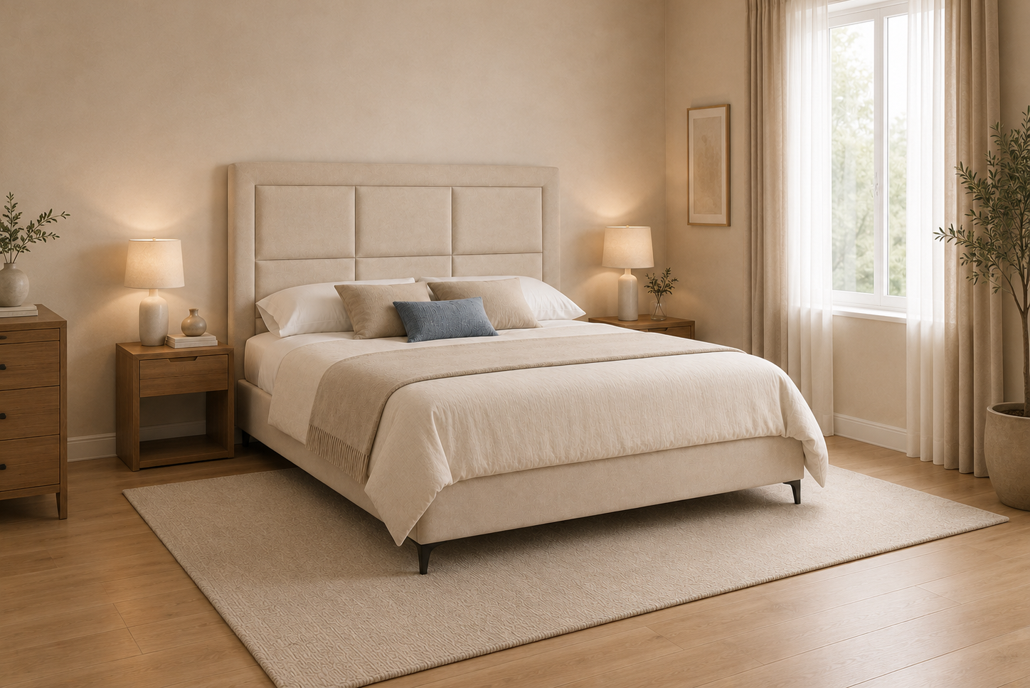 Cabecero tapizado Oslo en color beige, con diseño geométrico de paneles acolchados y marco perimetral, presentado en dormitorio con canapé tapizado a juego.