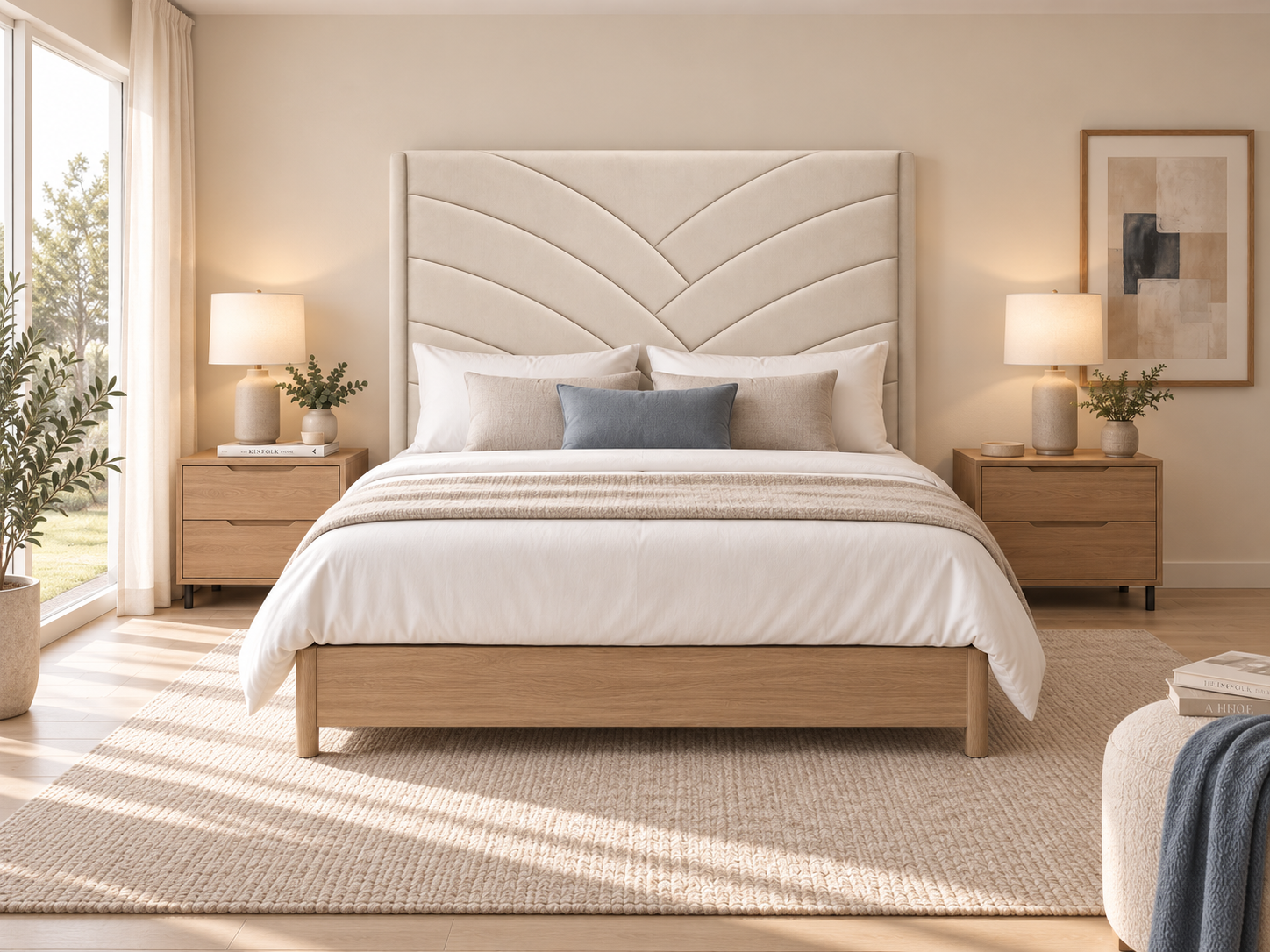 Cabecero Siena en dormitorio moderno con canapé de madera con patas, mesillas a juego y detalles en azul grisáceo