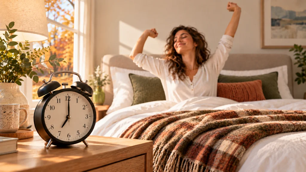 Despertador en primer plano y mujer desperezándose en una cama con decoración otoñal.