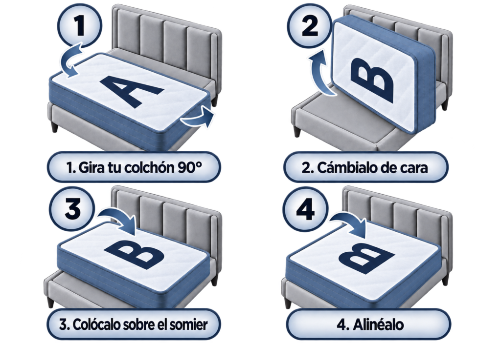Infografía de cuatro pasos que muestra cómo voltear un colchón, con las letras A y B para indicar el cambio de cara.