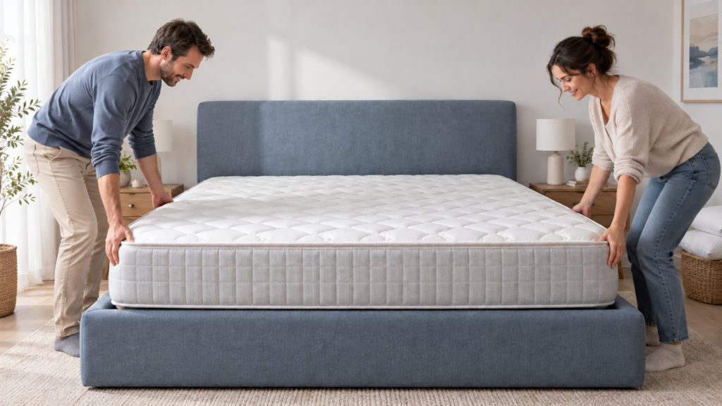 Dos personas preparándose para girar un colchón sobre un canapé en un dormitorio.