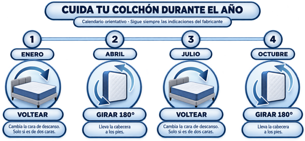 Calendario de cuidados que alterna voltear el colchón en enero y julio y girarlo 180 grados en abril y octubre.