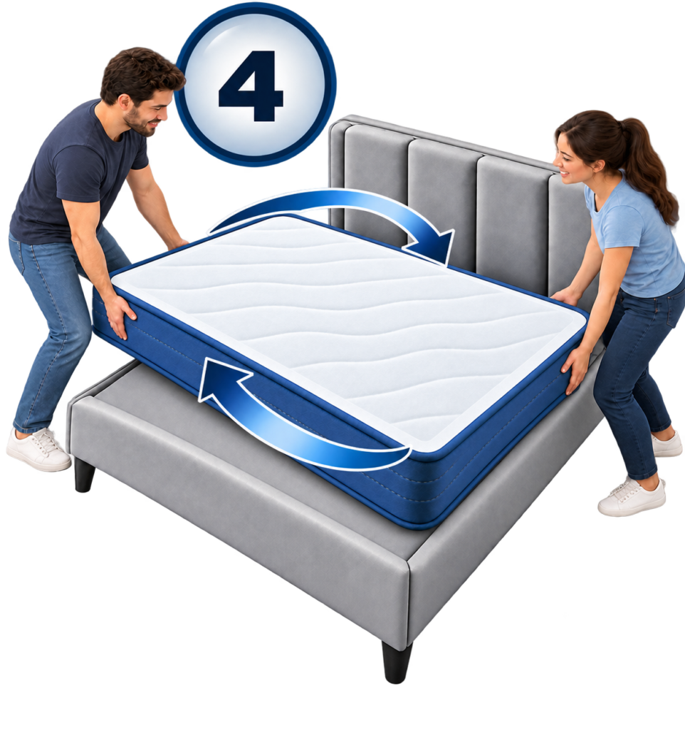 Dos personas giran el colchón sobre la cama siguiendo las flechas del paso cuatro.