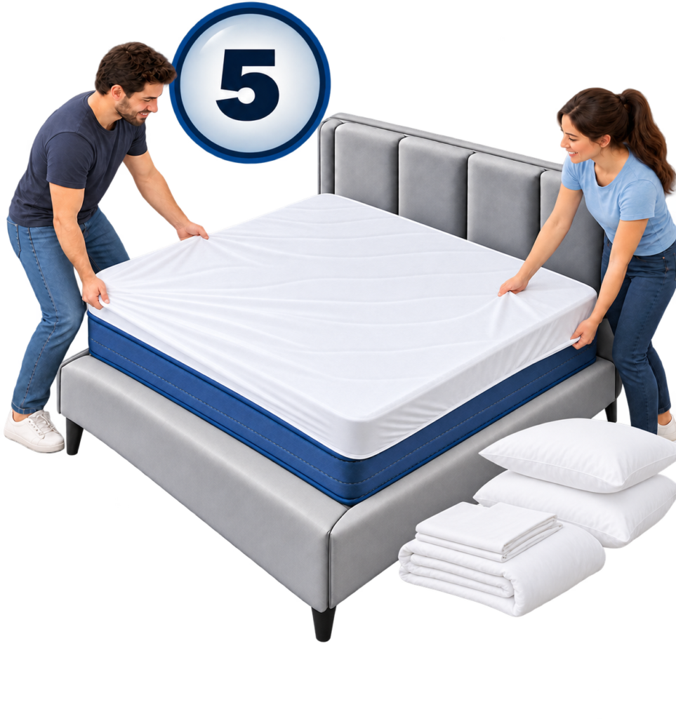 Dos personas colocan el colchón y dejan a un lado la ropa de cama y el protector.