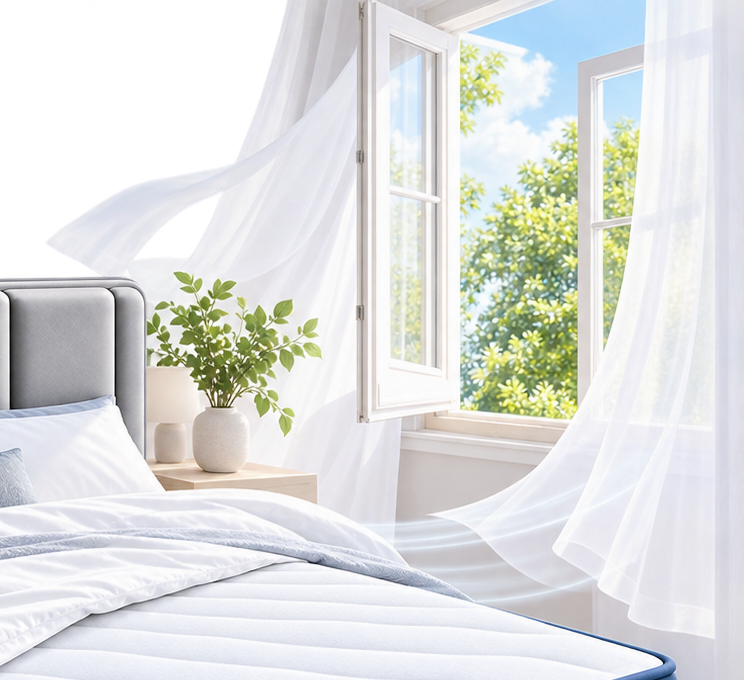 Dormitorio con la ventana abierta y las cortinas movidas por el aire para ventilar la cama.