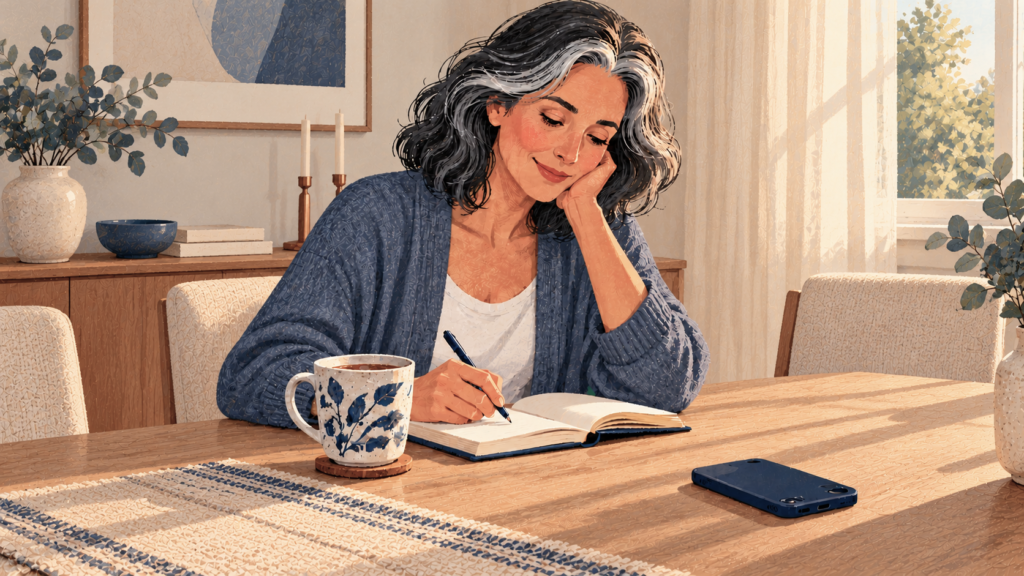 Mujer que anota información en un cuaderno junto a una taza en una mañana de otoño.