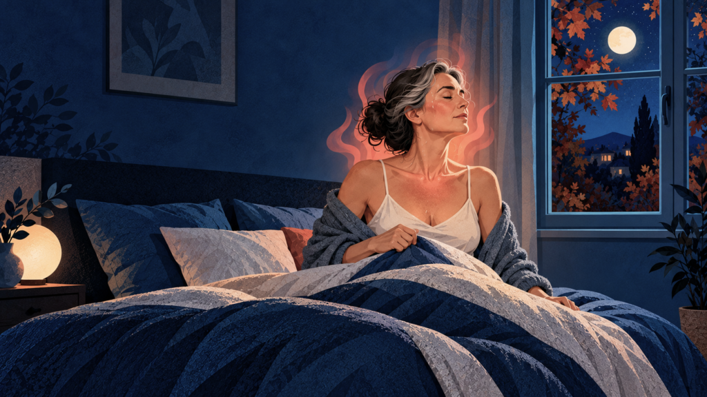 Ilustración de una mujer que se despierta por un sofoco nocturno en un dormitorio otoñal.
