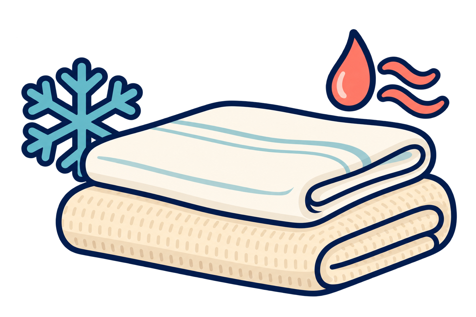 Manta y ropa de cama con símbolos de frío y calor para representar los cambios repentinos de temperatura.