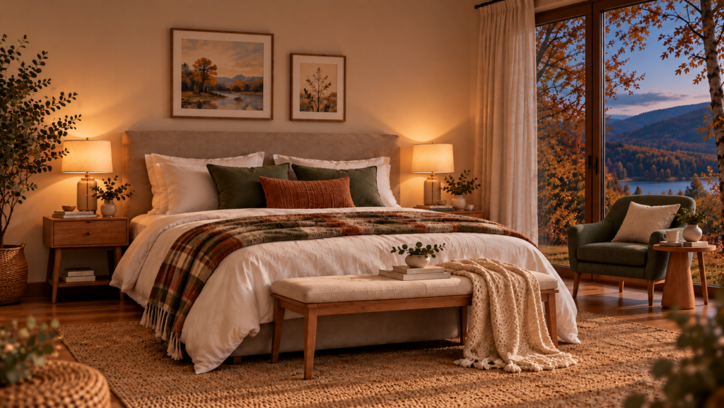 Dormitorio acogedor preparado para el otoño, con cama vestida en tonos neutros y azul grisáceo junto a una ventana con paisaje otoñal.