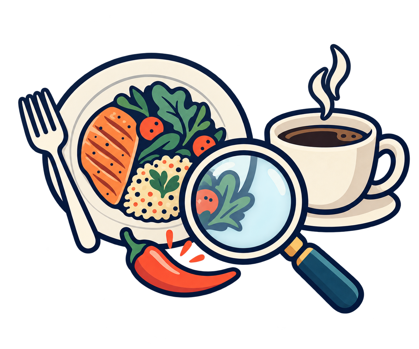 Plato de comida, café y guindilla bajo una lupa, como posibles desencadenantes de sofocos.