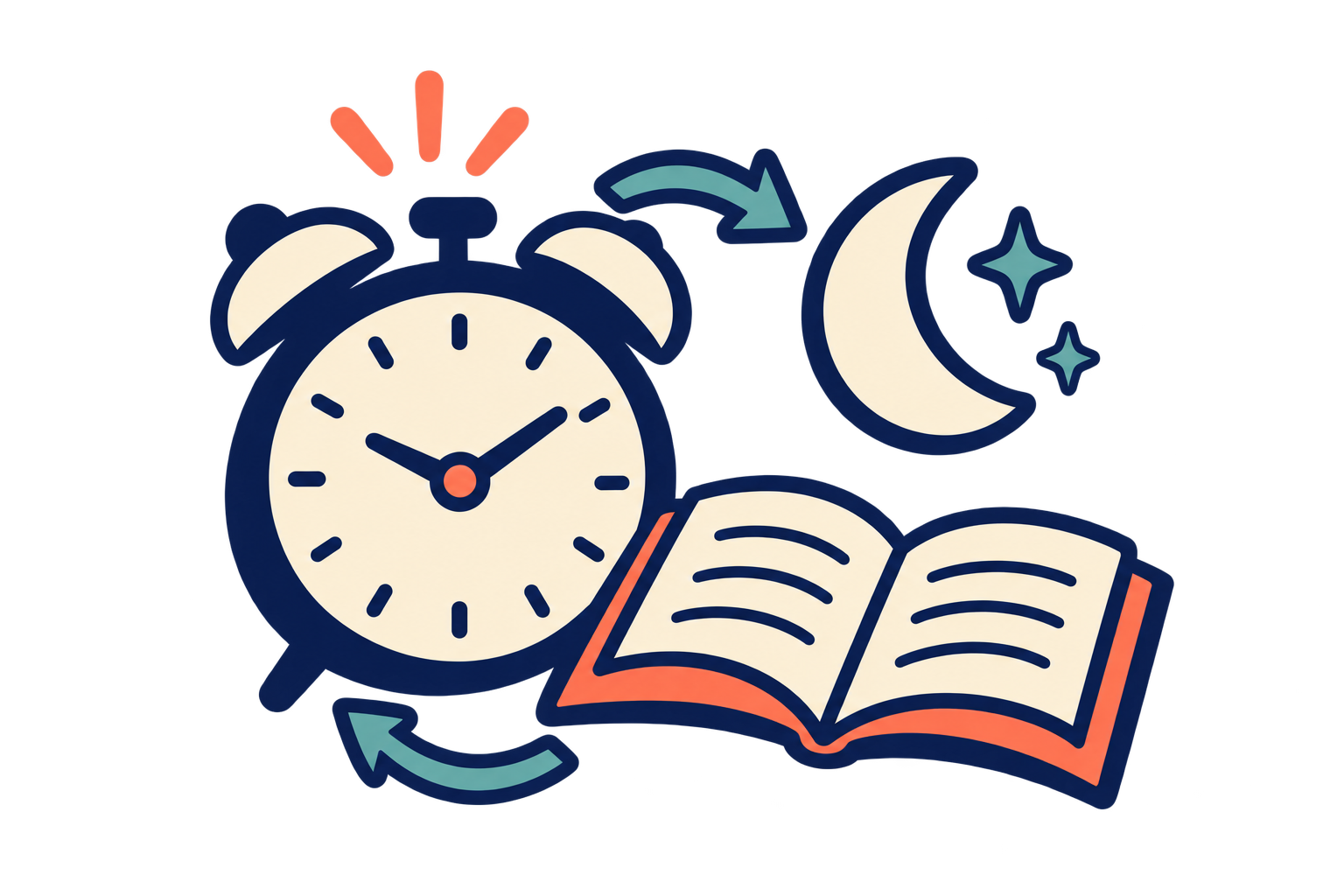 Reloj, luna y libro abierto que representan una rutina tranquila antes de dormir.