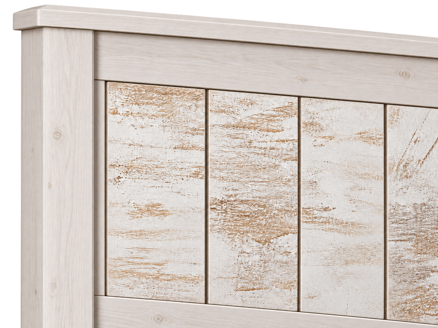 Detalle del cabecero Capri de melamina en acabado Ártico, con paneles verticales decorativos en madera Vintage y marco exterior de estilo clásico.
