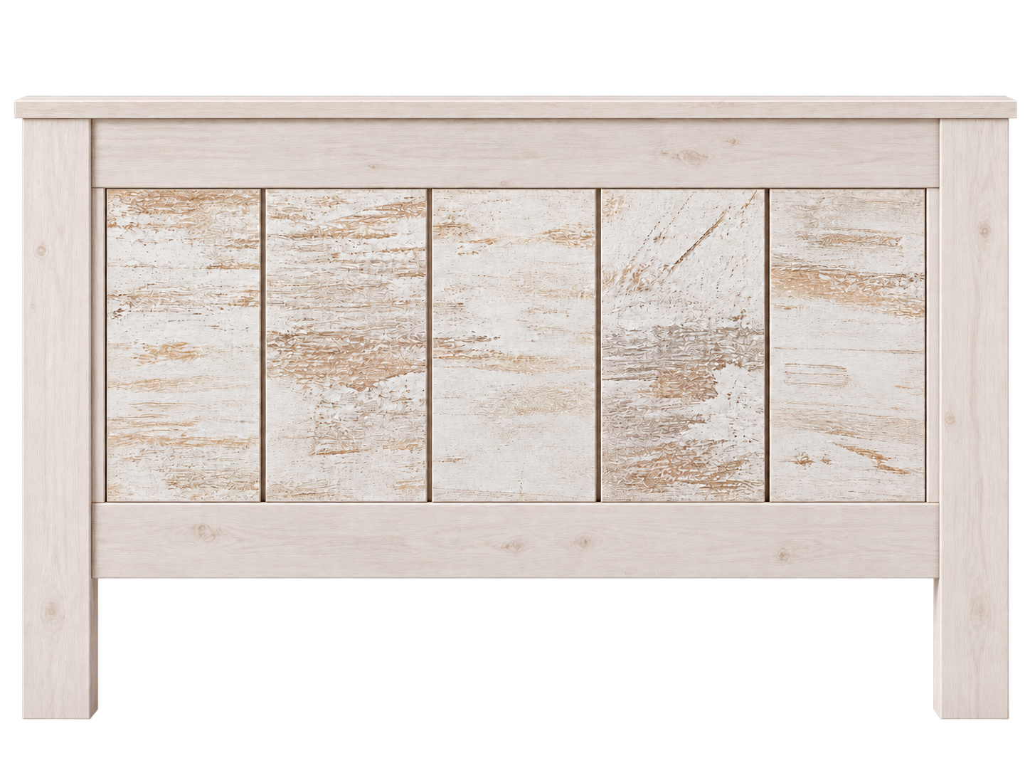 Cabecero Capri visto de frente, con cinco paneles verticales en acabado Vintage y estructura de melamina Ártico, de estilo rústico y elegante.