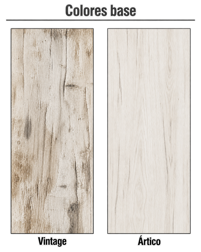 Muestrario de acabados del cabecero Capri en melamina: Vintage, con textura de madera envejecida, y Ártico, en tono claro con veta natural.