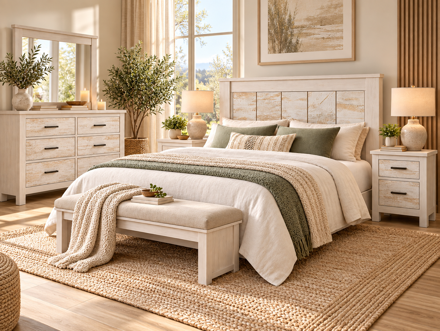 Dormitorio acogedor con cabecero Capri en acabado Ártico y Vintage, cama con ropa blanca, cojines verdes y muebles a juego en tonos naturales.